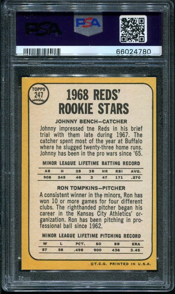 Authentic 1968 Topps #247 Johnny Bench PSA 6 Rookie Baseball Card