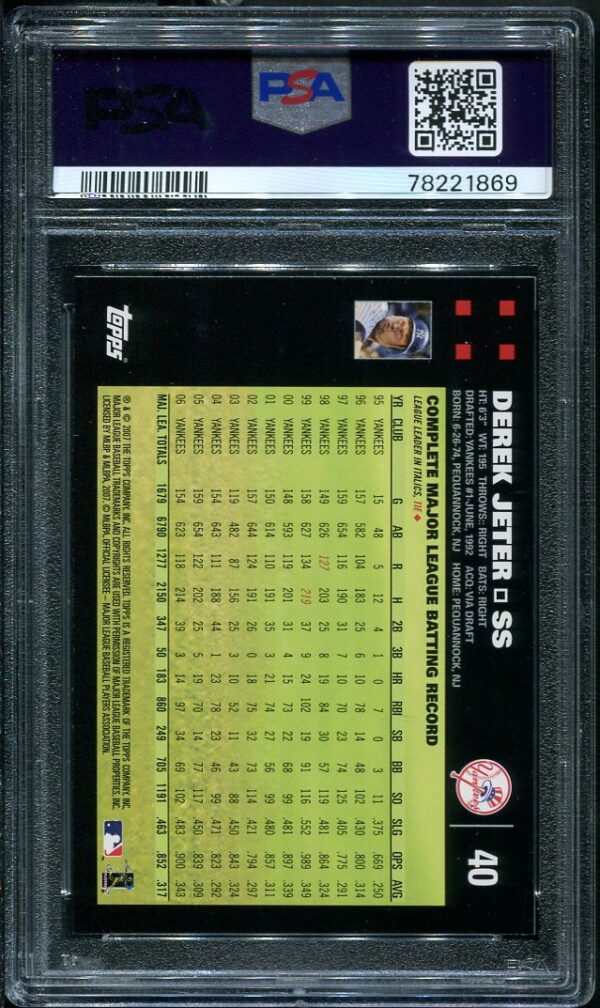 Authentic 2007 Topps #40 Derek Jeter PSA 9 Baseball Card