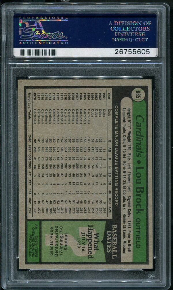 Authentic 1979 Topps #665 Lou Brock PSA 8 Baseball Card