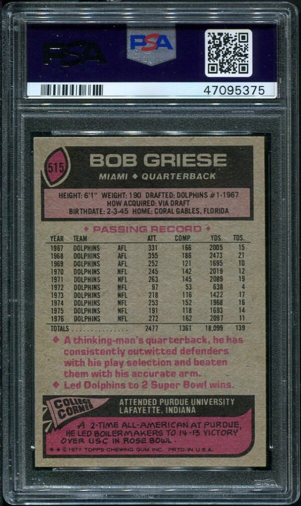 Authentic 1977 Topps #515 Bob Griese PSA 8 Football Card