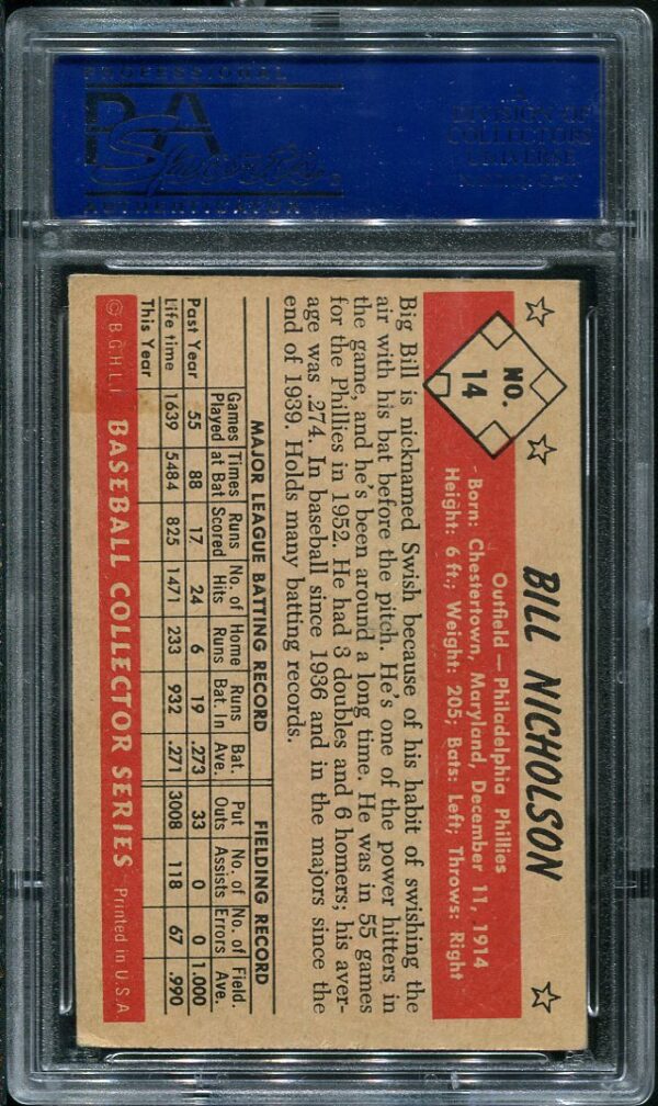 Authentic 1953 Bowman Black & White #14 Bill Nicholson PSA 5 Baseball Card