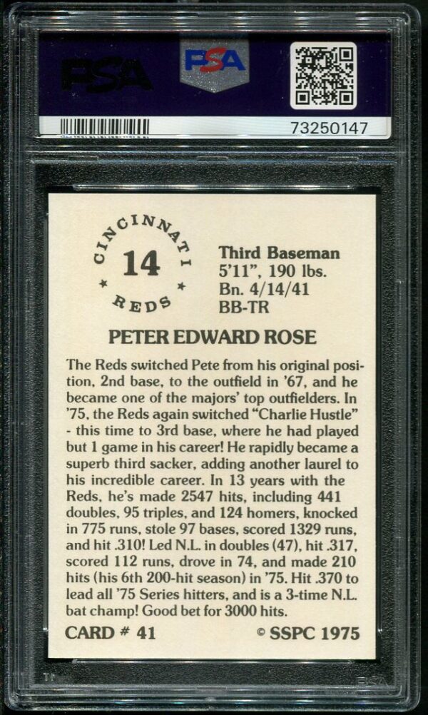 Authentic 1975 SSPC #41 Pete Rose PSA 10 Baseball Card