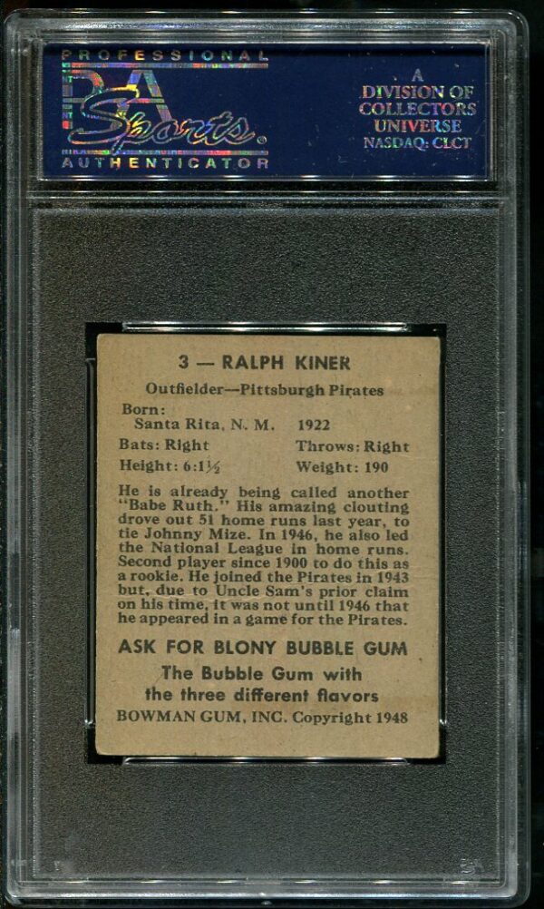 Authentic 1948 Bowman #3 Ralph Kiner PSA 3 Rookie Baseball Card