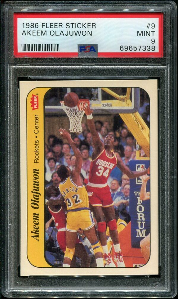 Authentic 1986 Fleer Sticker #9 Akeem Olajuwon PSA 9 Basketball Card