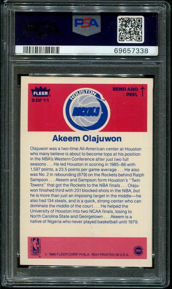 Authentic 1986 Fleer Sticker #9 Akeem Olajuwon PSA 9 Basketball Card