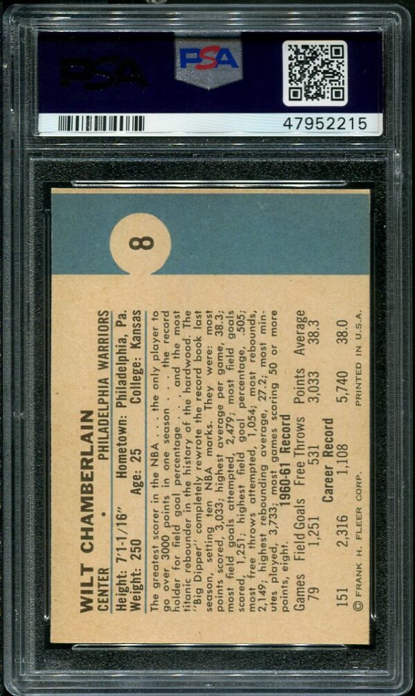 Authentic 1961 Fleer #8 Wilt Chamberlain PSA 4 Rookie Basketball Card