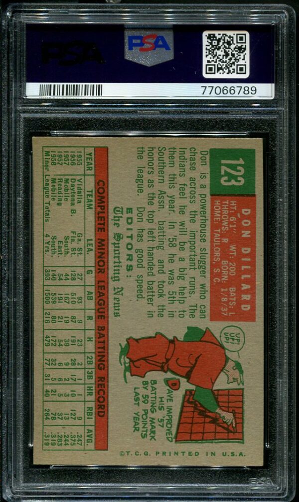 Authentic 1959 Topps #123 Don Dillard PSA 8 Baseball Card