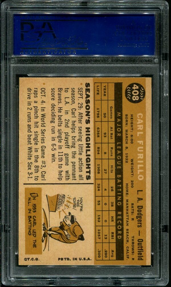 Authentic 1960 Topps #408 Carl Furillo PSA 8 Baseball Card