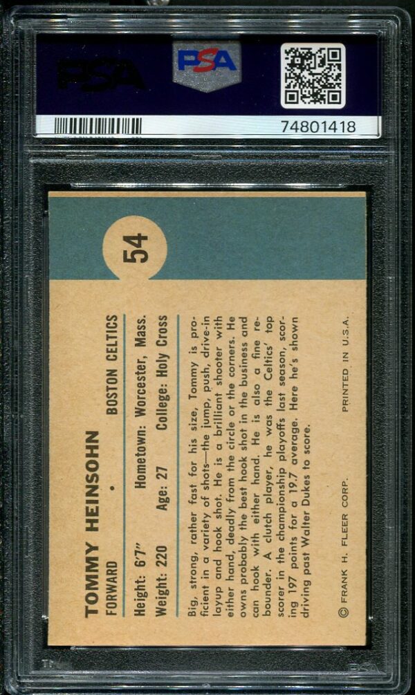 Authentic 1961 Fleer #54 Tom Heinsohn In Action PSA 7 Basketball Card