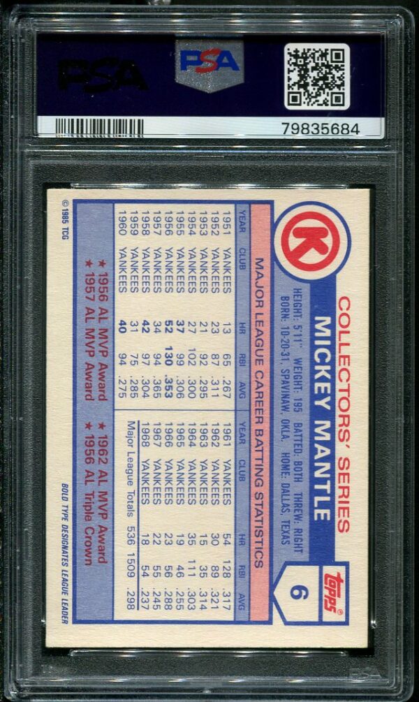 Authentic 1985 Circle K #6 Mickey Mantle PSA 7 Baseball Card