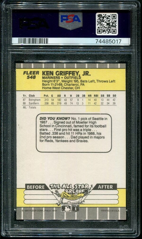 Autographed 1989 Fleer #548 Ken Griffey Jr Rookie Baseball Card