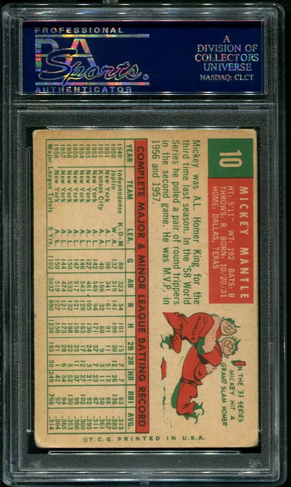 Authentic 1959 Topps #10 Mickey Mantle PSA 3 Baseball Card