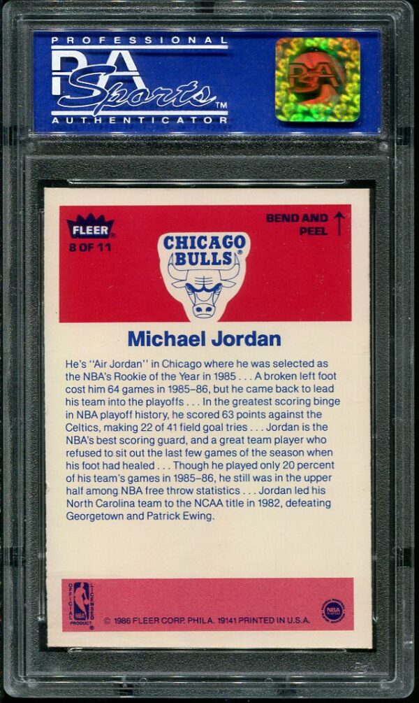 Authentic 1986 Fleer Sticker #8 Michael Jordan PSA 8 Basketball Card