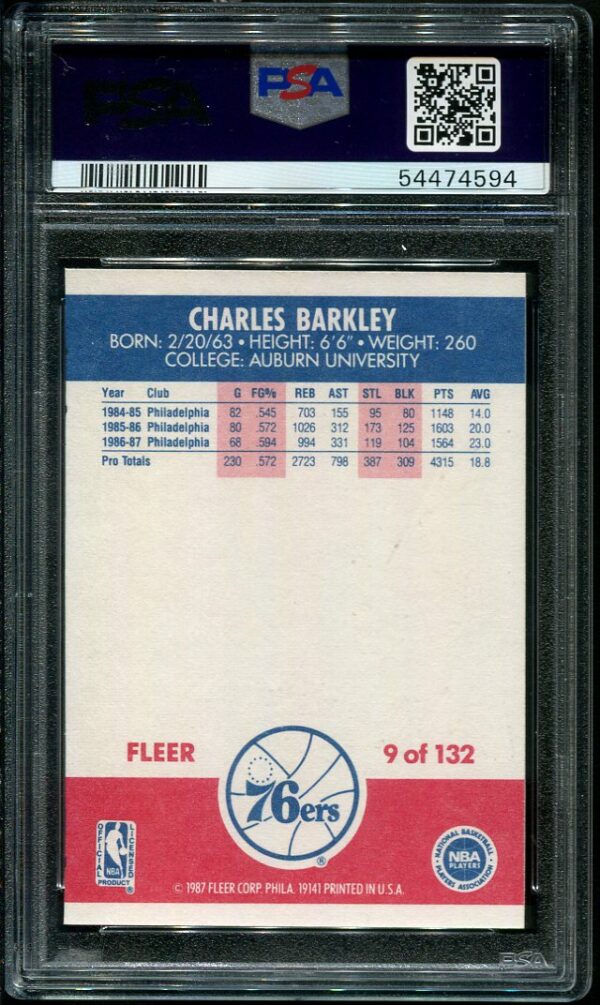 Authentic 19867 Fleer #9 Charles Barkley PSA 9 Basketball Card