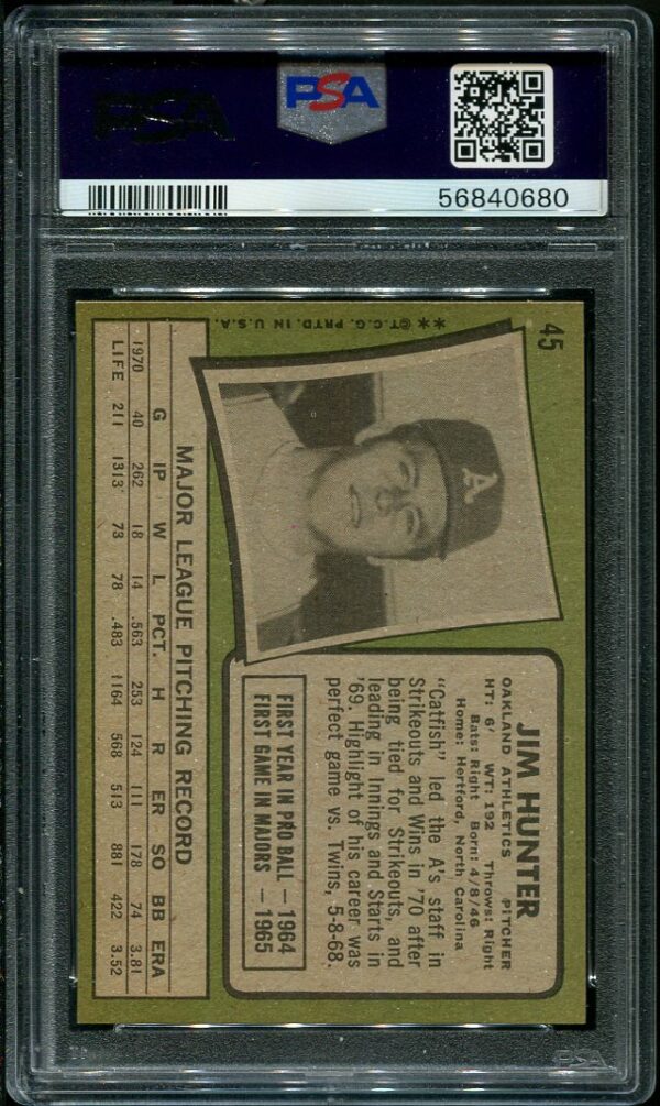 Authentic 1971 Topps #45 Jim "Catfish" Hunter PSA 8 Baseball Card