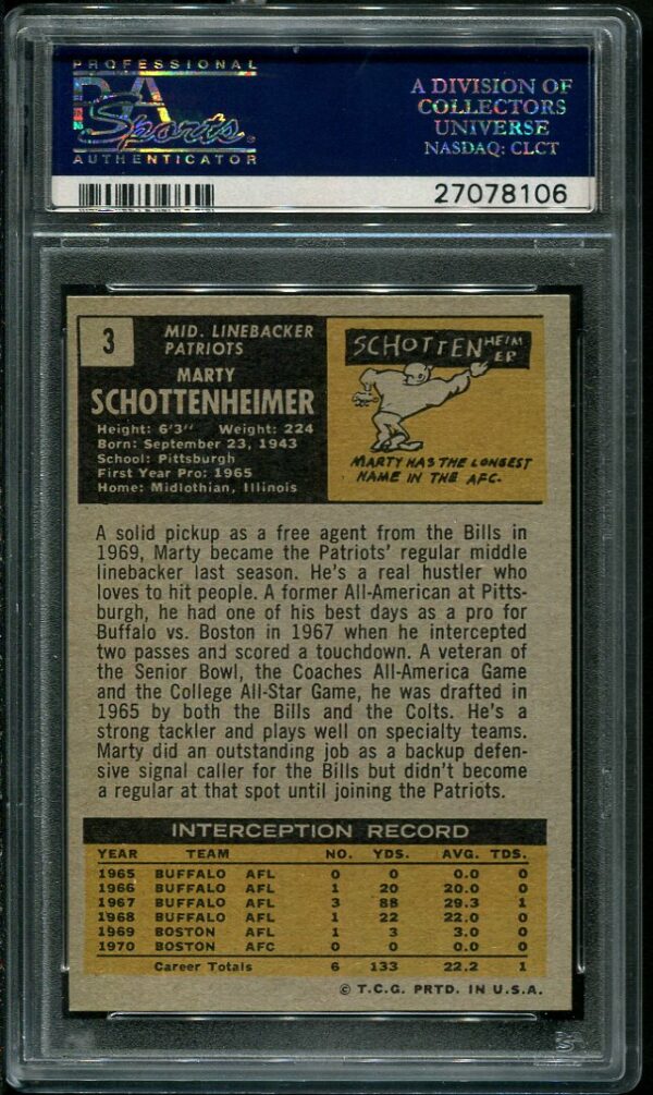 Authentic 1971 Topps #3 Marty Schottenheimer PSA 6 Rookie Football Card