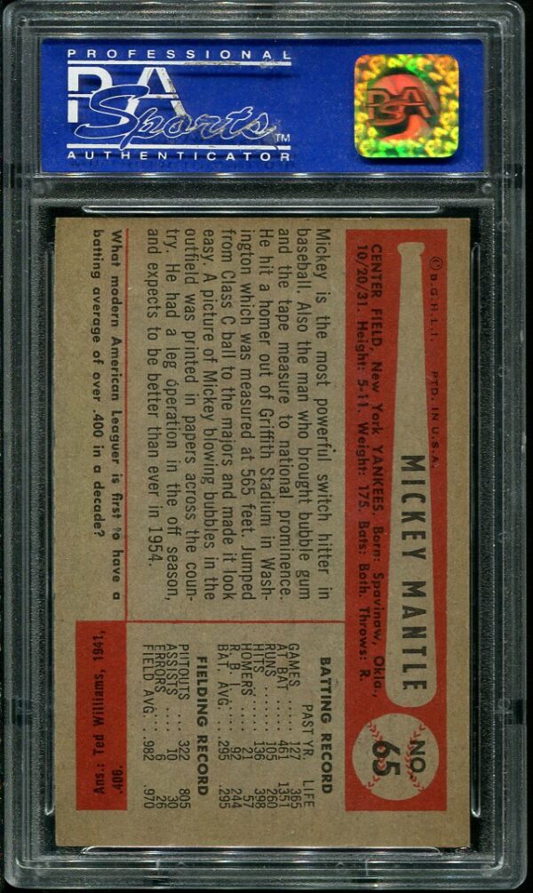 Authentic 1954 Bowman #65 Mickey Mantle PSA 7 Baseball Card