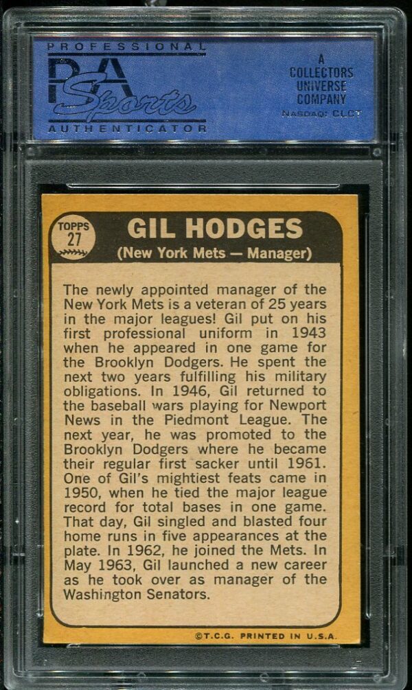 Authentic 1968 Topps #27 Gil Hodges PSA 7 Baseball Card