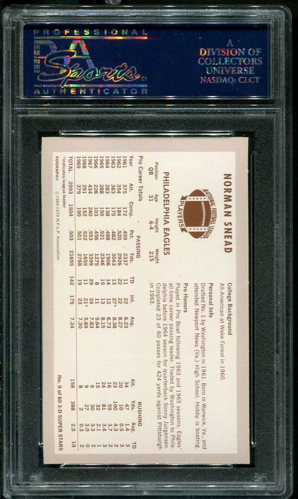 Authentic 1970 Kellogg's #9 Norm Snead PSA 9 Football Card