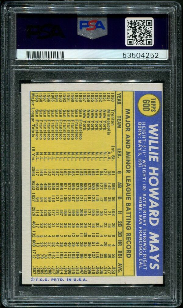 Authentic 1970 Topps #600 Willie Mays PSA 7 Baseball Card