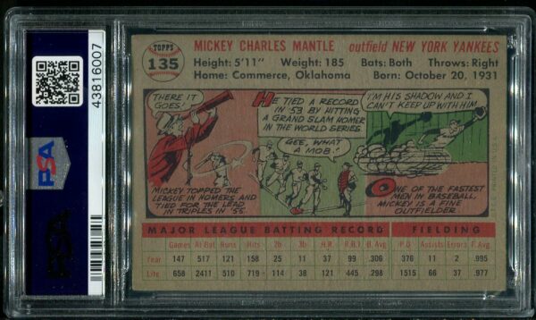 1956 Topps #135 Mickey Mantle (Gray Back) PSA 6 Baseball Card