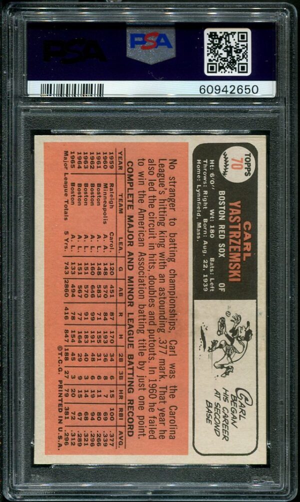 Authentic 1966 Topps #70 Carl Yastrzemski PSA 6 Baseball Card