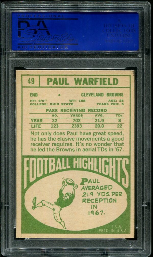 Authentic 1968 Topps #49 Paul Warfield PSA 7 Football Card