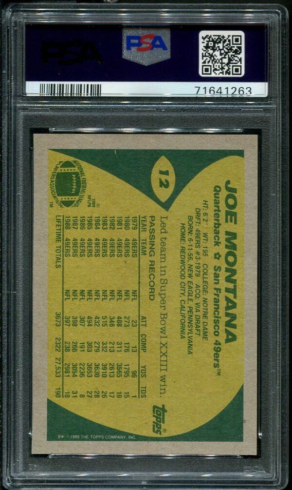 Authentic 1989 Topps #12 Joe Montana PSA 10 Football Card