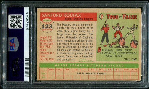 Authentic 1955 Topps #123 Sandy Koufax PSA 5 Rookie Baseball Card