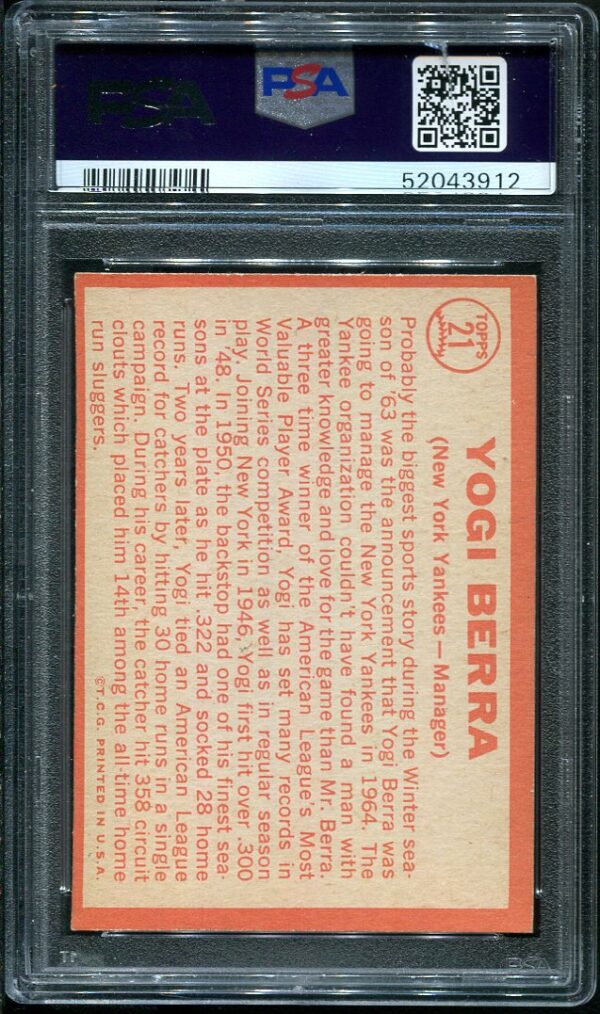 Authentic 1964 Topps #21 Yogi Berra PSA 7 Baseball Card