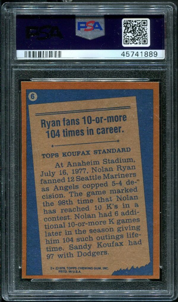 Authentic 1978 Topps #6 Nolan Ryan PSA 8 Baseball Card