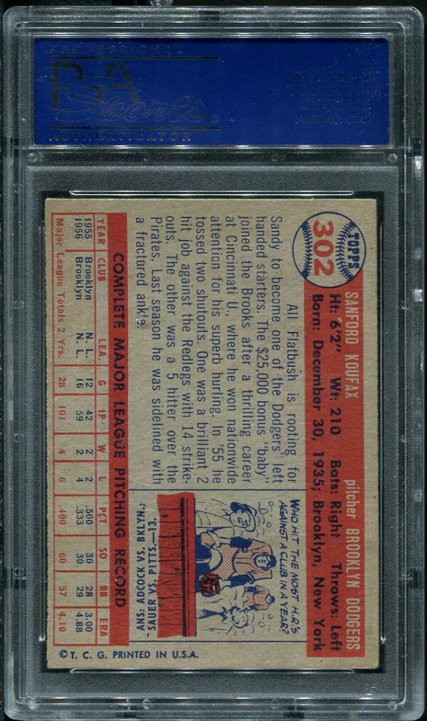 Authentic 1957 Topps #302 Sandy Koufax PSA 6 Baseball Card