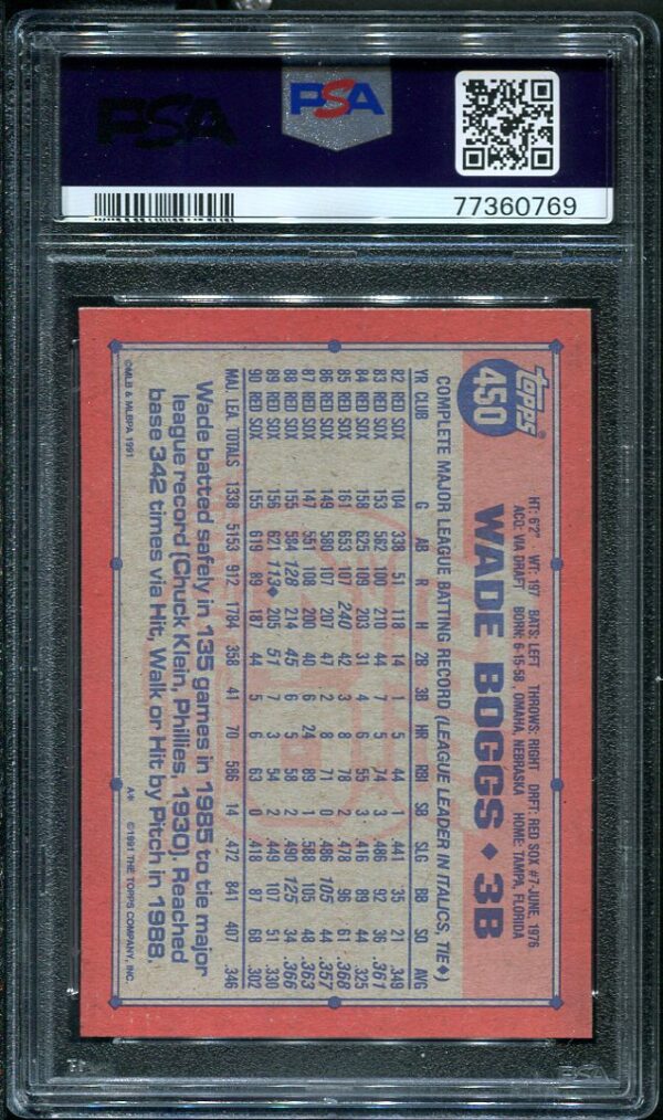 Authentic 1991 Topps #450 Wade Boggs PSA 9 Baseball Card