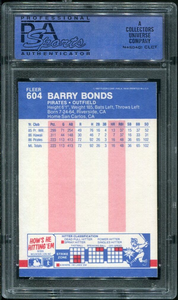 Authentic 1987 Fleer #604 Barry Bonds PSA 9 Baseball Card