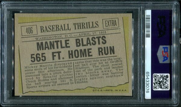 Authentic 1961 Topps #406 Mickey Mantle PSA 5 Baseball Card