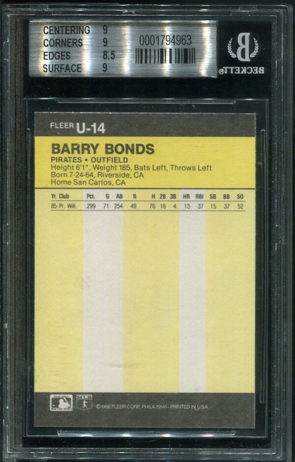 Authentic 1986 Fleer Update #14 Barry Bonds BGS 9 Baseball Card