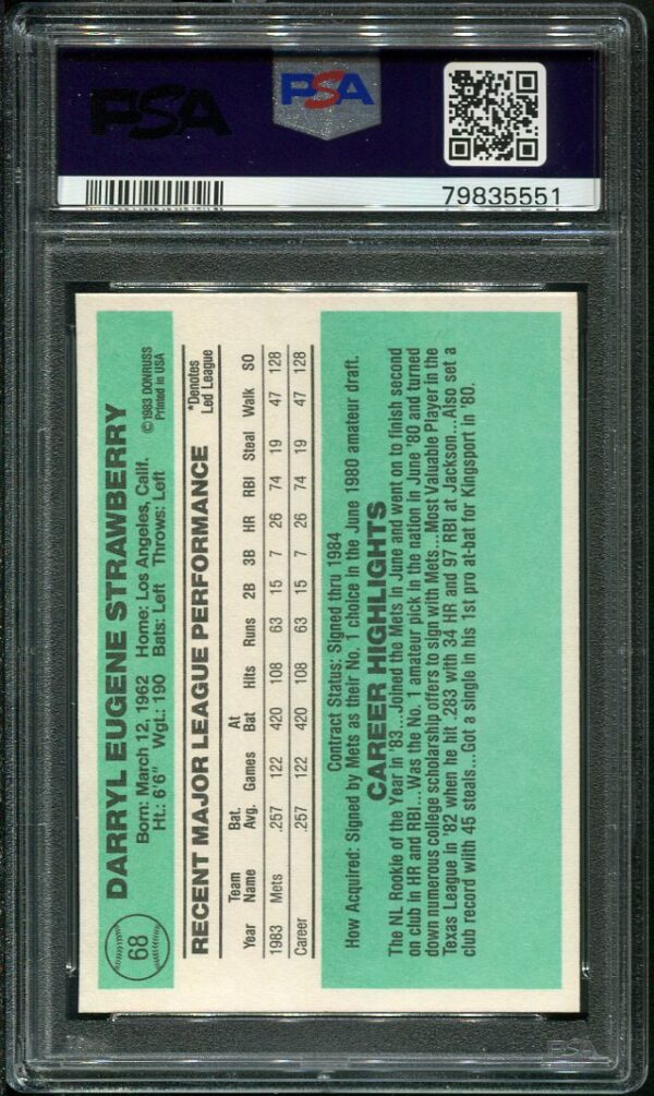 Authentic 1984 Donruss #68 Darryl Strawberry PSA 9 Rookie Baseball Card