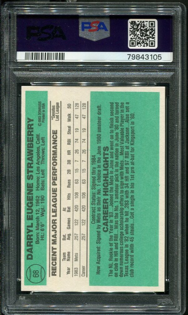 Authentic 1984 Donruss #68 Darryl Strawberry PSA 8 Rookie Baseball Card