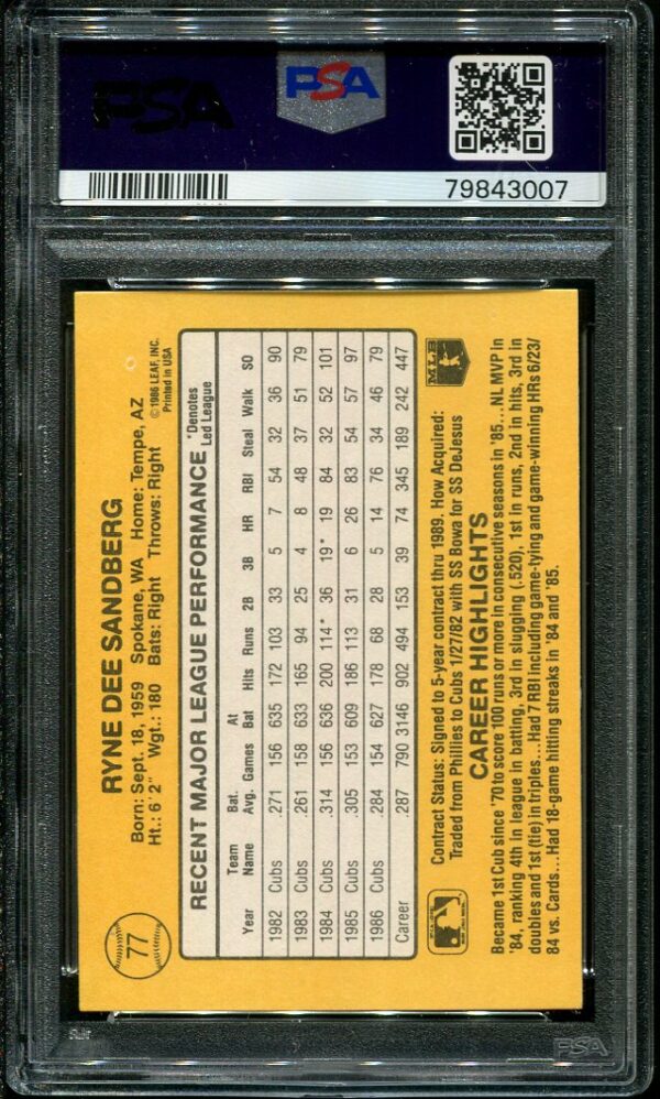 Authentic 1987 Donruss #77 Ryne Sandberg PSA 9 Baseball Card