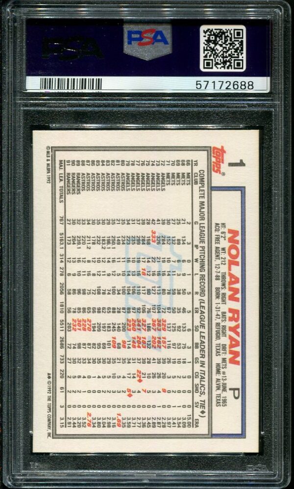 Authentic 1992 Topps #1 Nolan Ryan PSA 9 Baseball Card