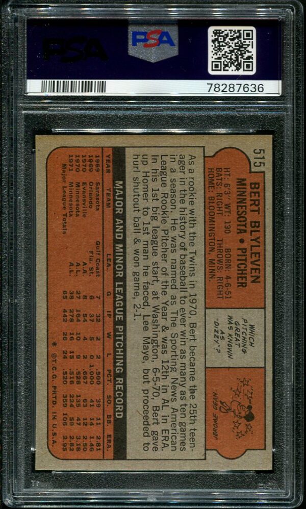 Authentic 1972 Topps #515 Bert Blyleven PSA 8 Baseball Card