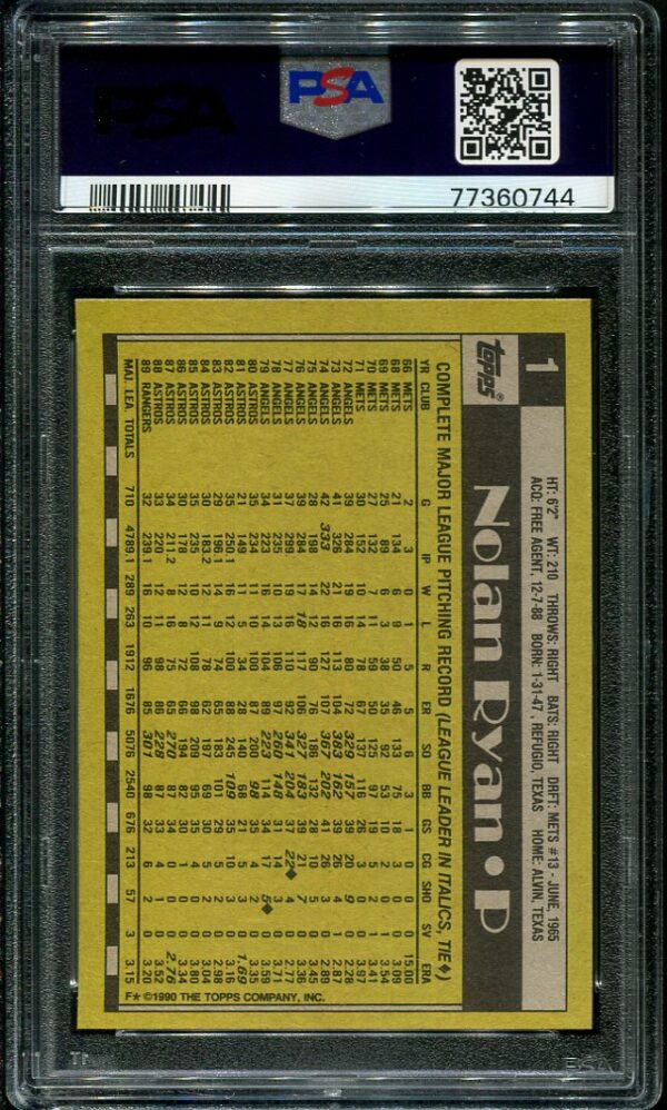 Authentic 1990 Topps #1 Nolan Ryan PSA 9 Baseball Card