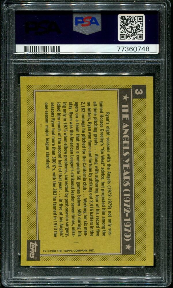 Authentic 1990 Topps #3 Nolan Ryan PSA 10 Baseball Card