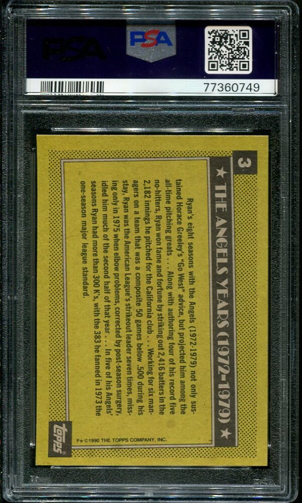 Authentic 1990 Topps #3 Nolan Ryan PSA 9 Baseball Card