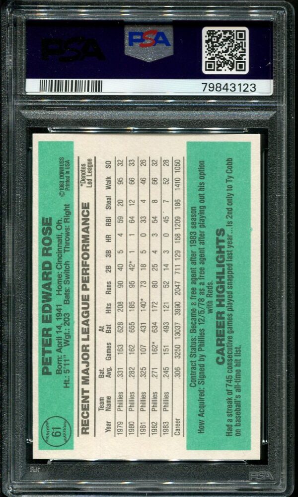 Authentic 1984 Donruss #61 Pete Rose PSA 10 Baseball Card