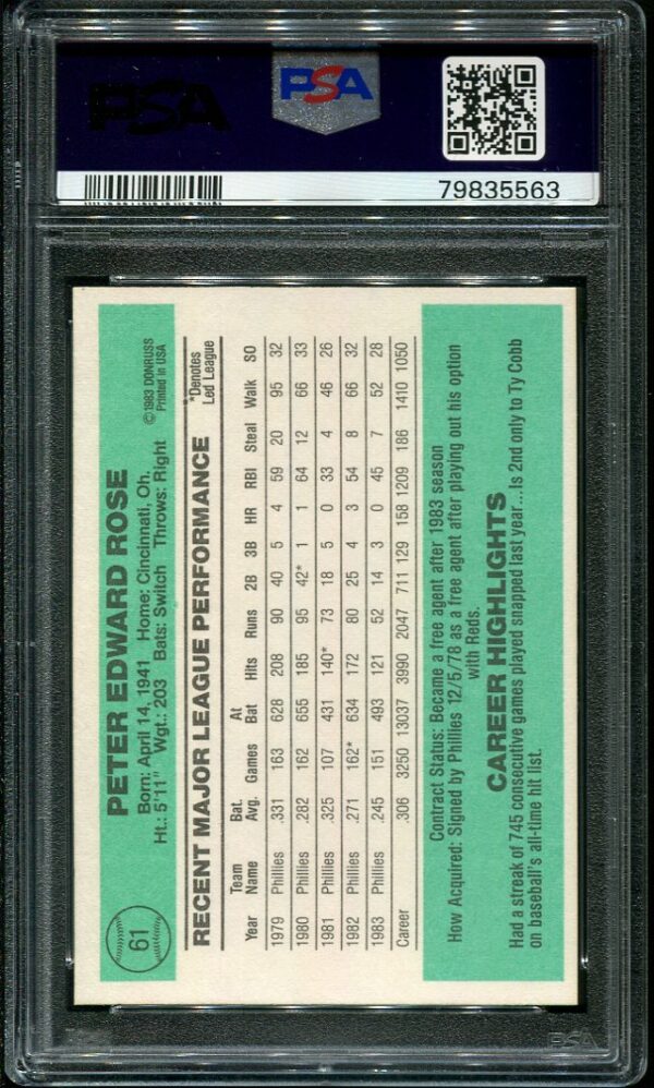 Authentic 1984 Donruss #61 Pete Rose PSA 9 Baseball Card