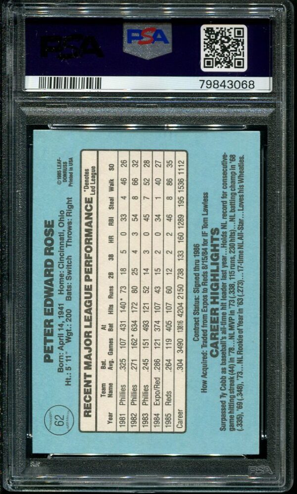 Authentic 1986 Donruss #62 Pete Rose PSA 10 Baseball Card