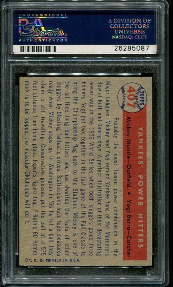 Authentic 1957 Topps Yankees' Power Hitters #407 Mickey Mantle/Yogi Berra PSA 7 Baseball Card