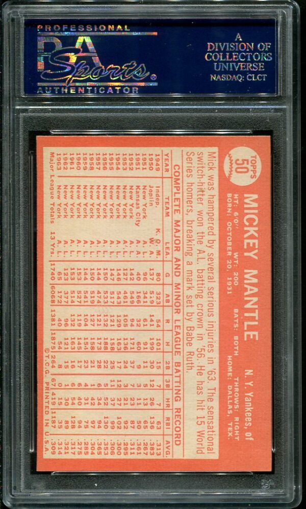 Authentic 1964 Topps #50 Mickey Mantle PSA 7 Baseball Card