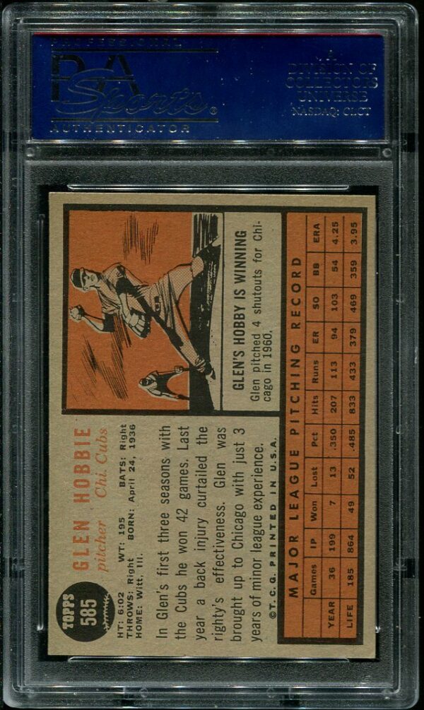 uthentic 1962 Topps #585 Glen Hobbie PSA 7 Baseball Card